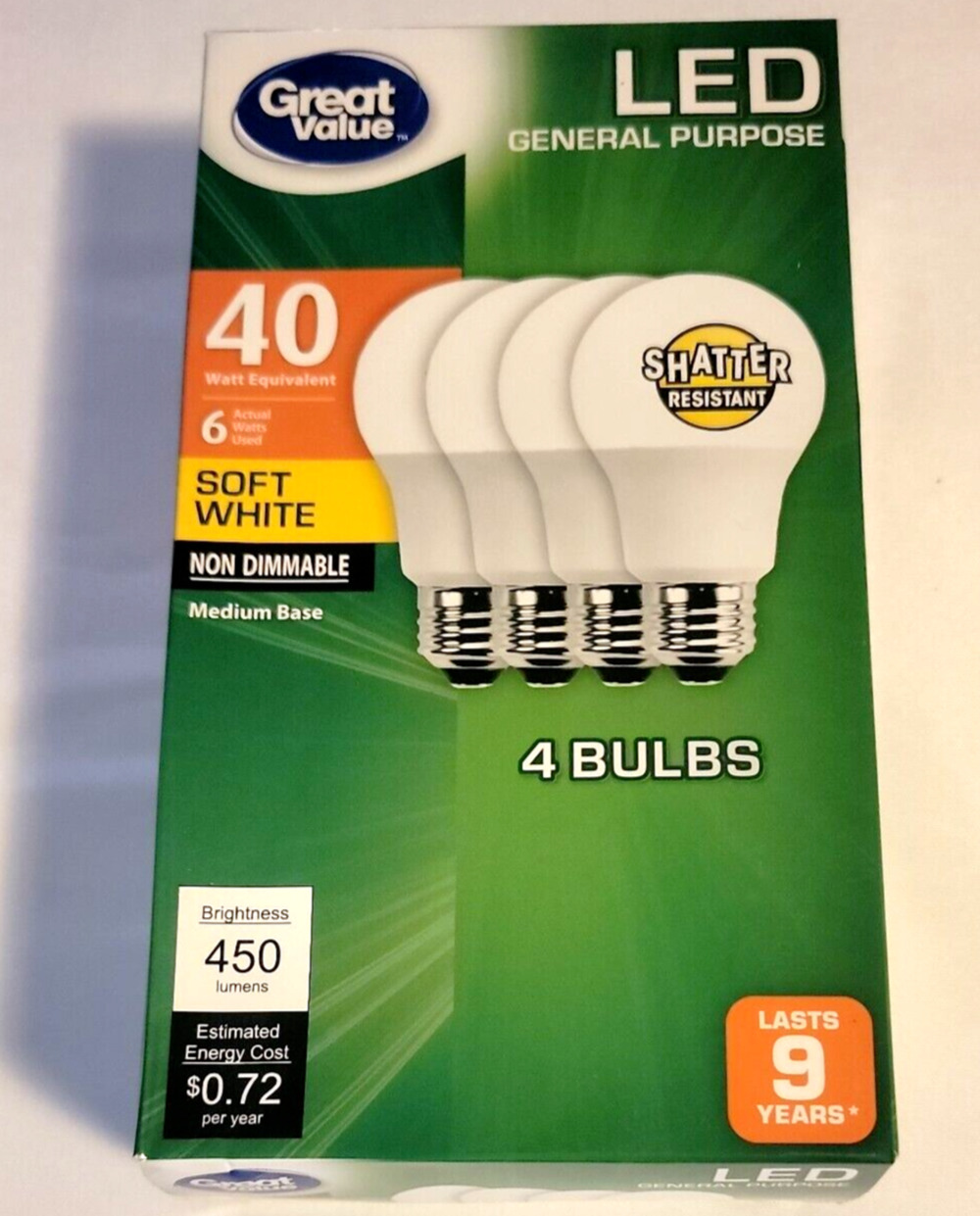 Great Value LED Light Bulb Medium Base Soft White Non Dimmable 6/40 Watt 4 pk